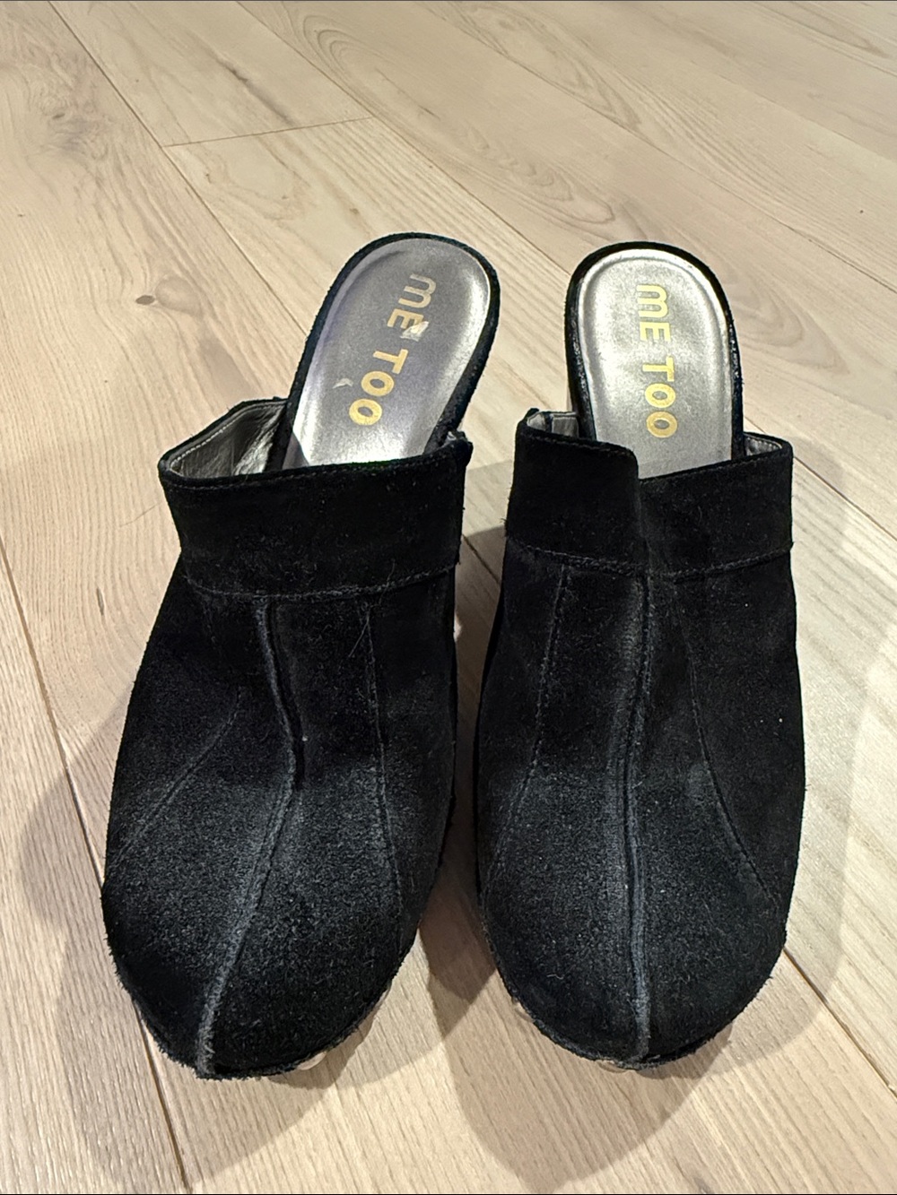 Me Too Black Suede Slip-On Mule Clogs with Gold Logo Insole